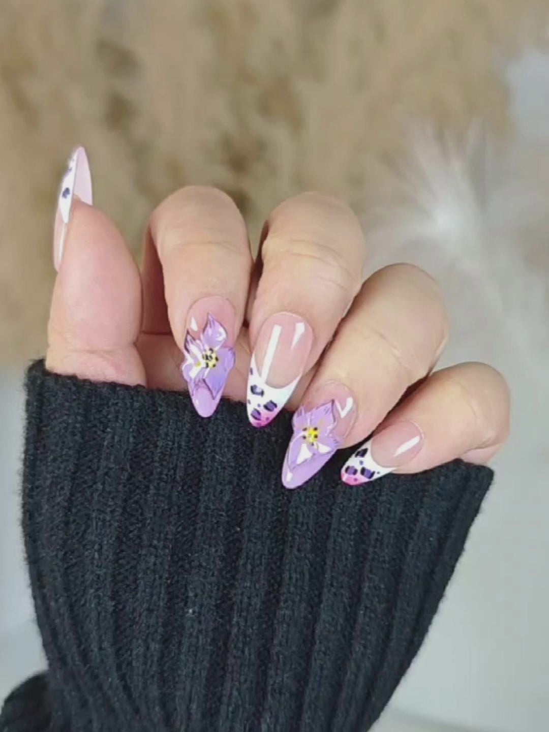 Nude & Purple Leopard 3D Floral Almond Press-On Nails – Iridescent Luxury