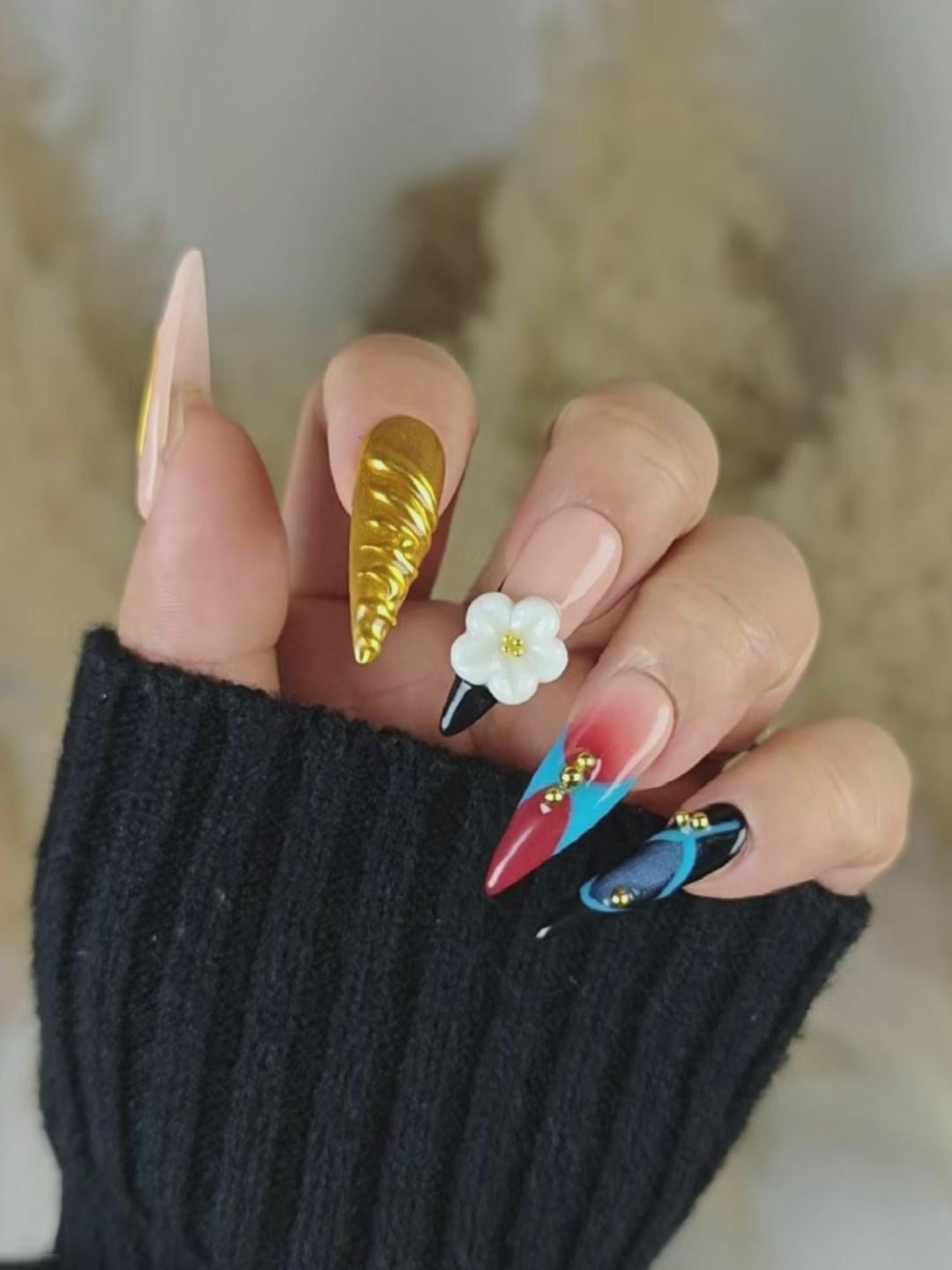 Luxury Mixed-Pattern Press-On Nails – Nude Base with Metallic & Color Block Accents