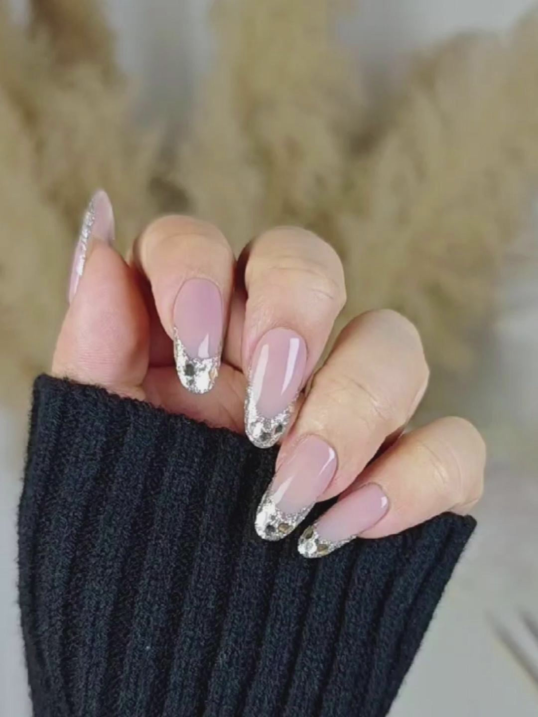 Nude Pink Gradient Press-On Nails with Silver Glitter & Rhinestones – Long Oval