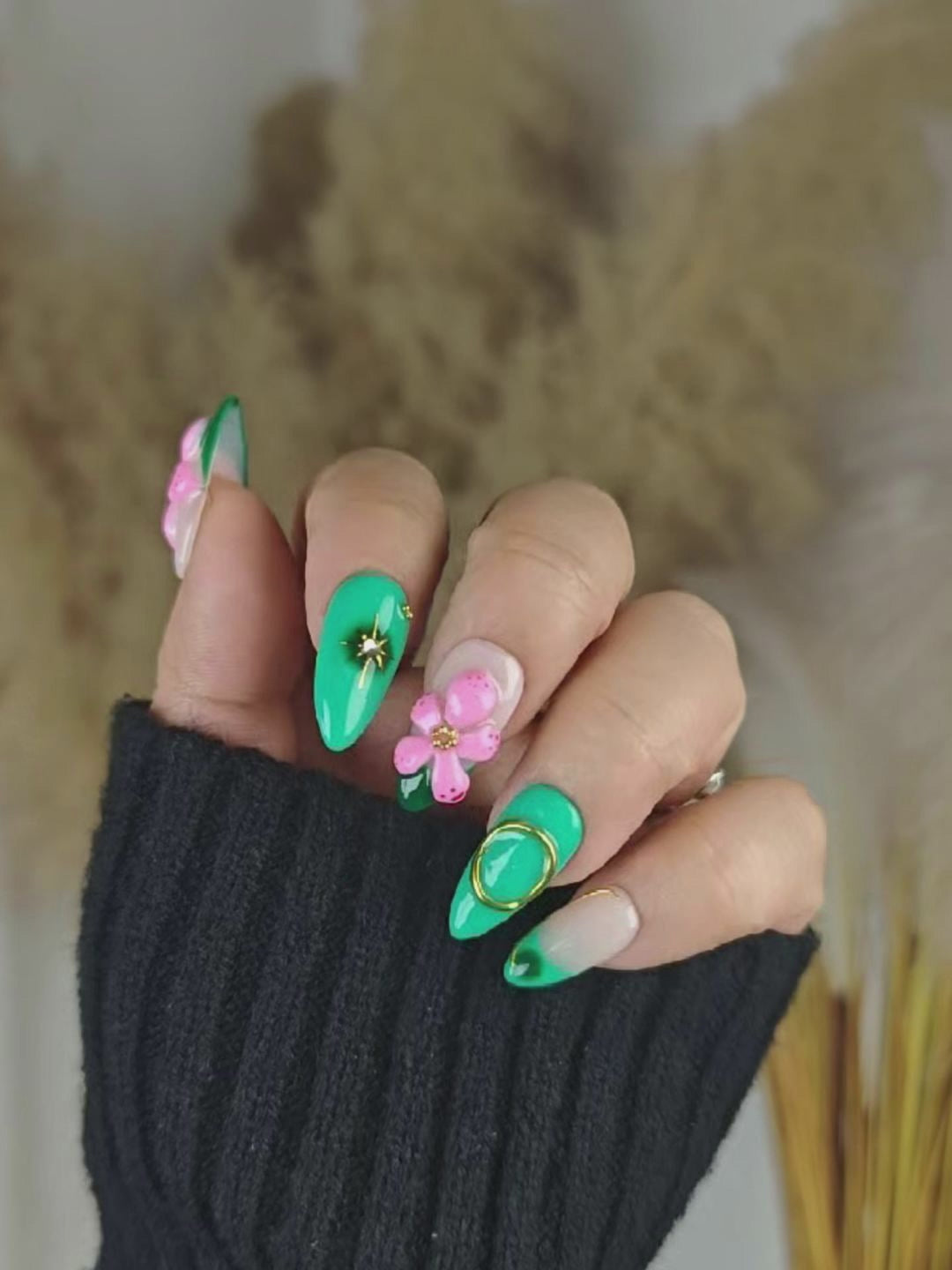 Green & Pink Floral Metallic Accent Long Pointed Press-On Nails – Luxe & Romantic