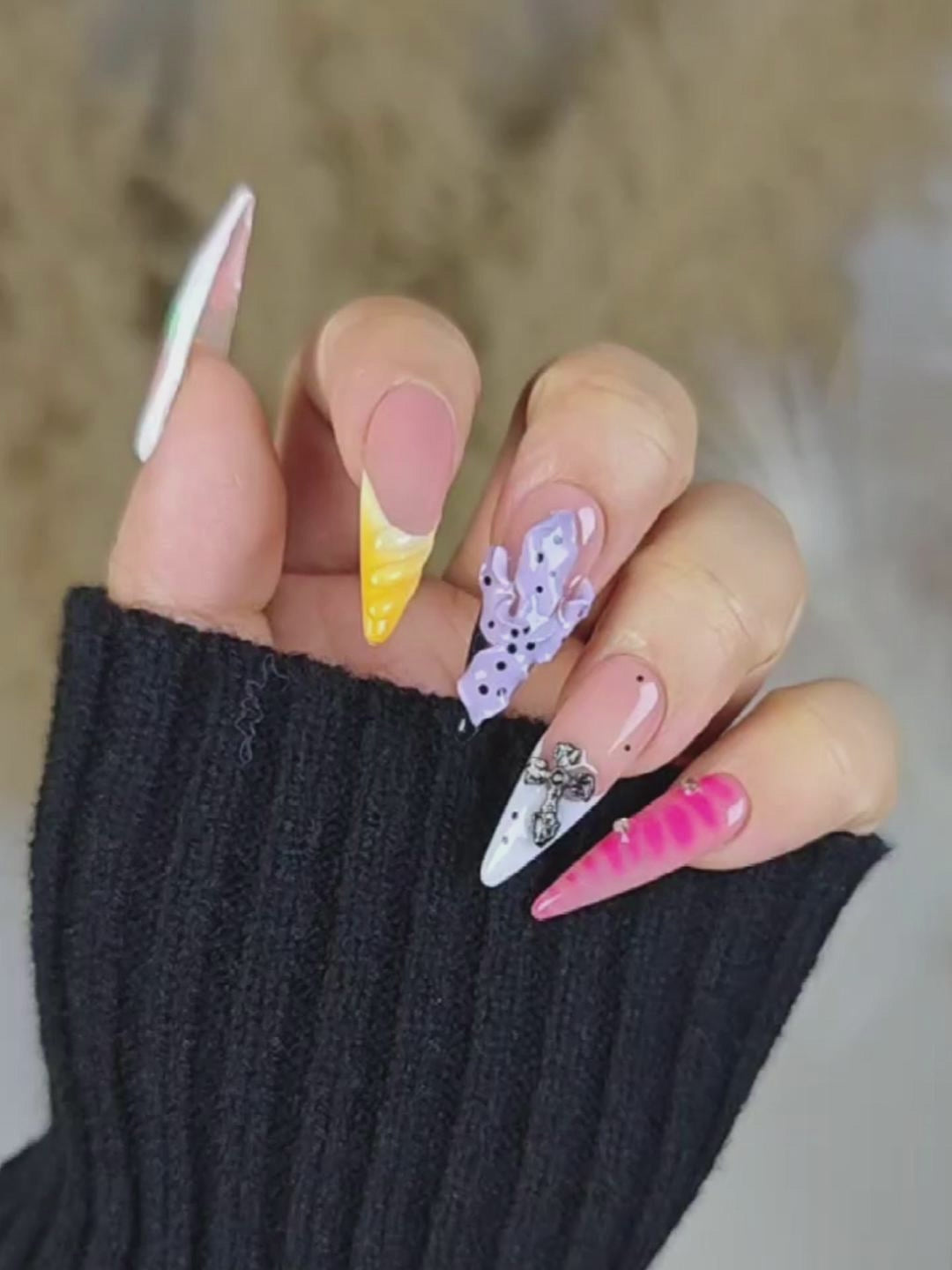 Cyberpunk Spiked Stiletto Press-On Nails with 3D Thorns & Metallic Cross Charms