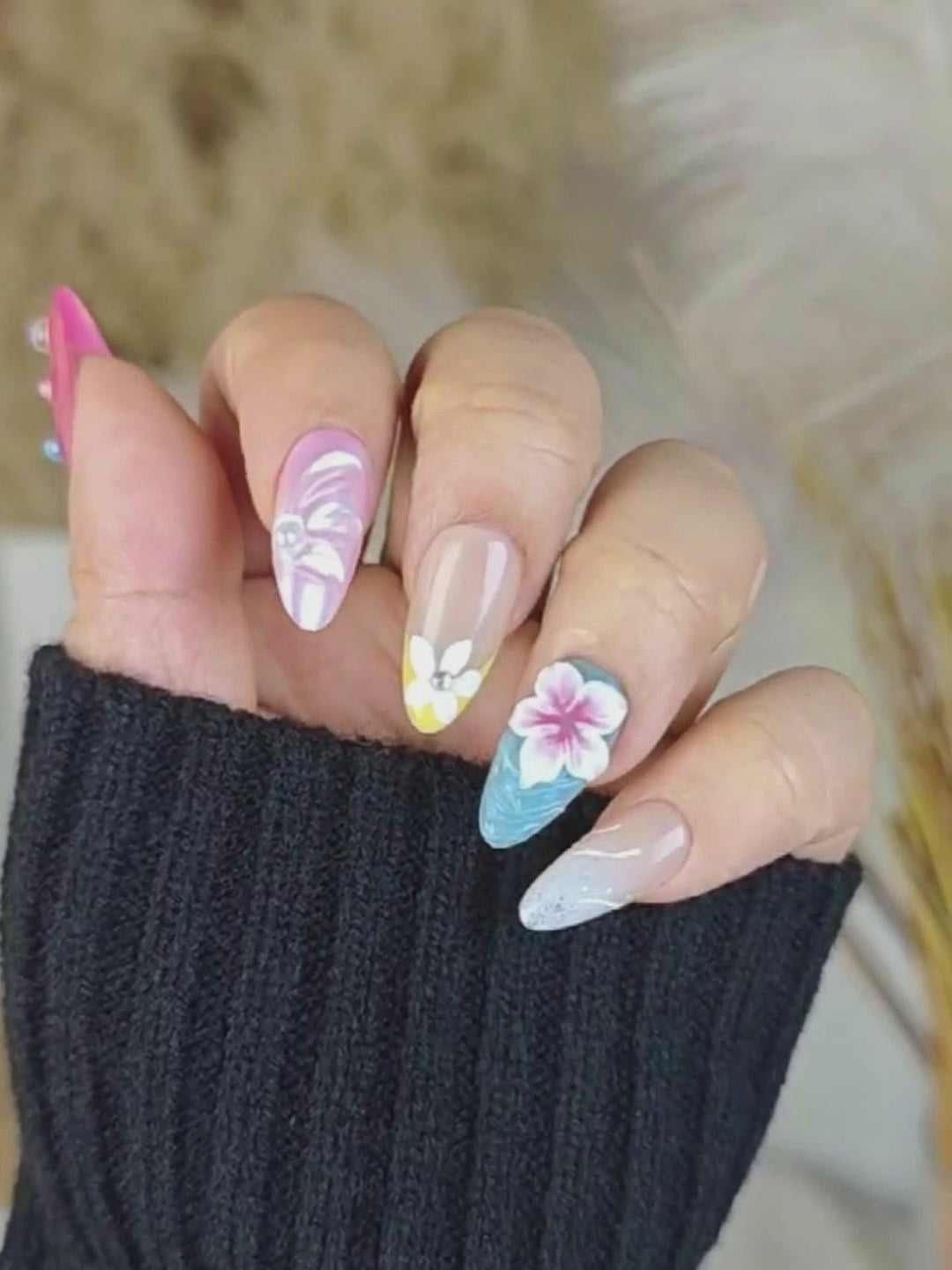 Multi-Color 3D Floral & Crystal Almond Press-On Nails with Butterfly Accents