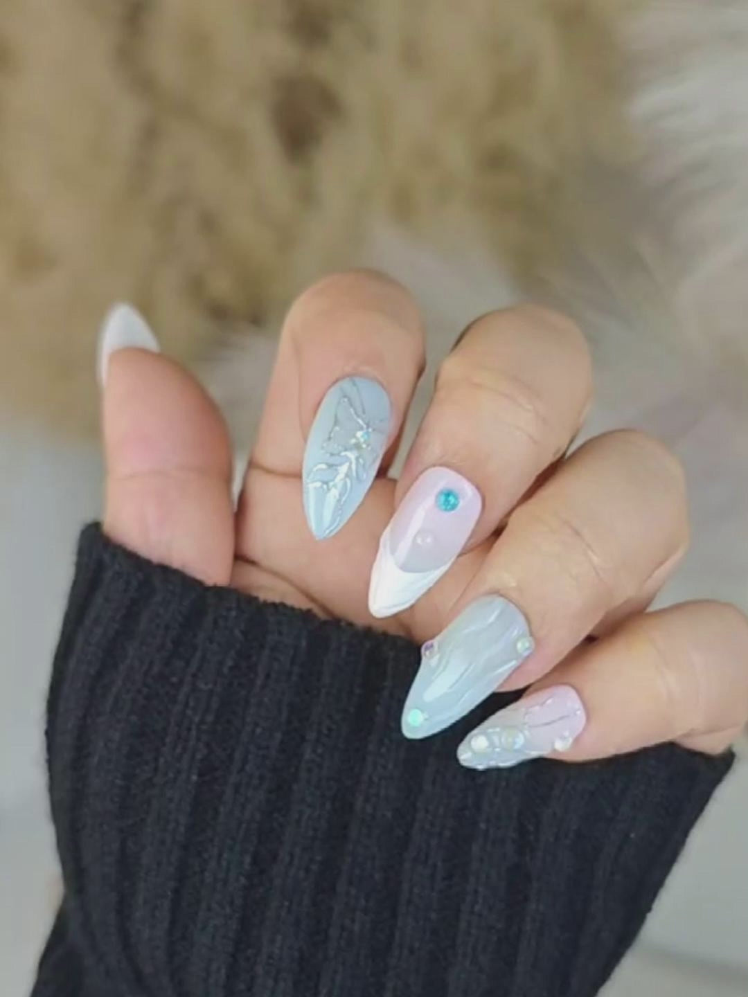 Pink & Blue Gradient Press-On Nails – 3D Butterfly & Pearl Almond Shape
