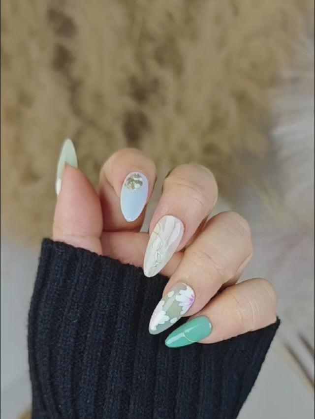 Mint Blossom Almond Nails with Floral Art, Gold Stripes and Crystal Embellishments Press On Nails