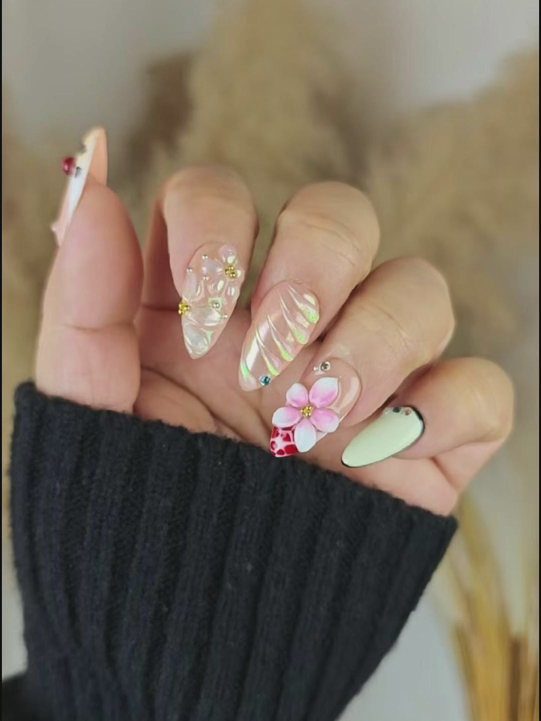 Multi-Element 3D Mixed Press-On Nails – Cherry & Floral Almond Shape