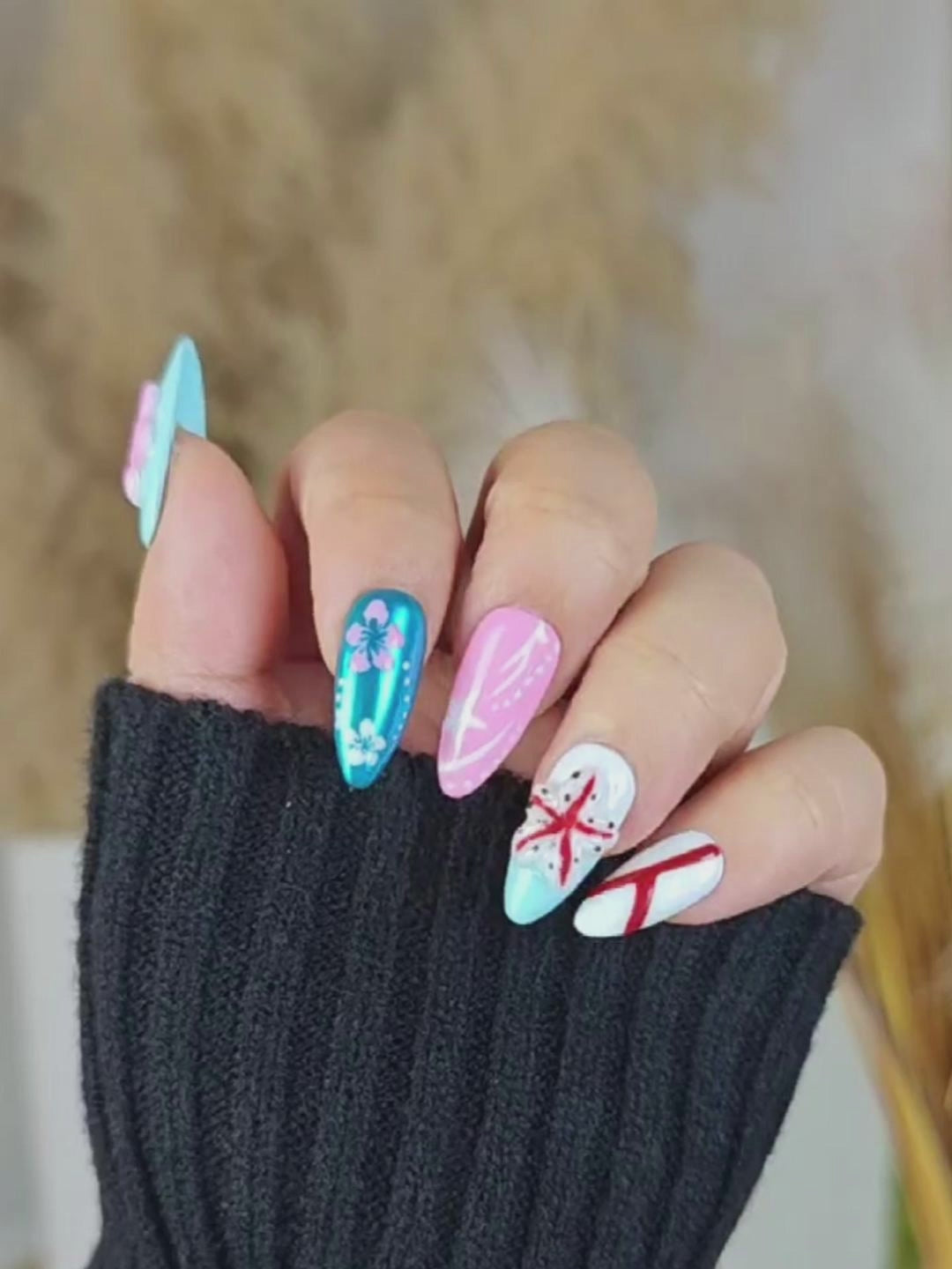Pink & Blue 3D Flower Press-On Nails – Holographic Metallic Almond Nails