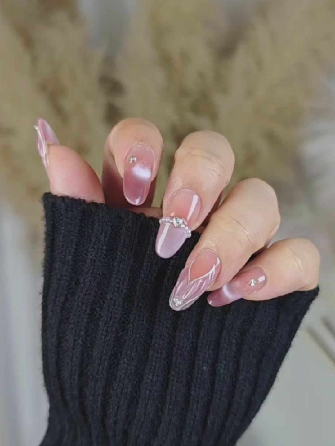 Pink & Purple Gradient Press-On Nails with 3D Texture and Rhinestones – Long Oval