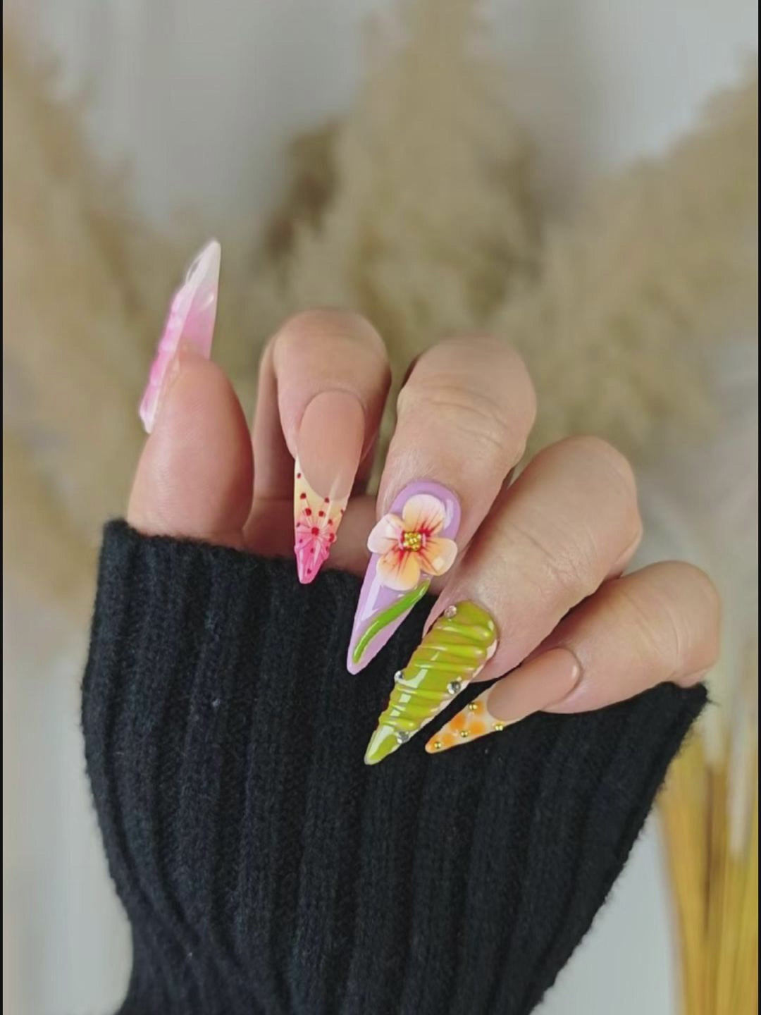 Forest Garden 3D Floral Press-On Nails – Nude Pink & Pastel Green