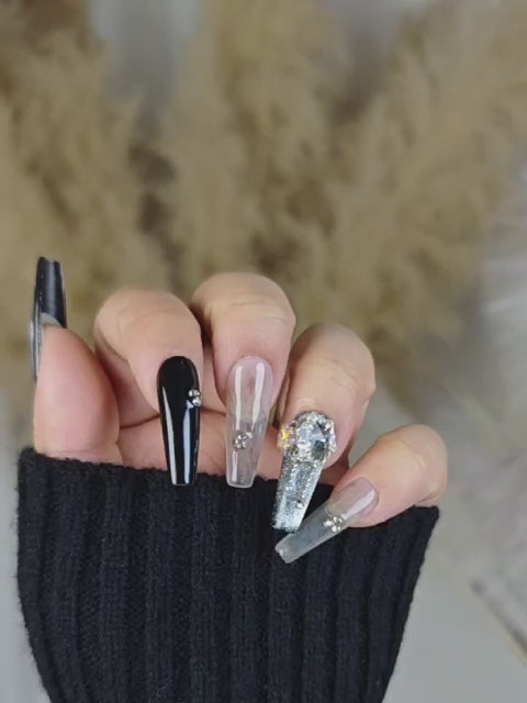 Ombre Butterfly Coffin Fake Nails – Black White & Grey with Large Rhinestones and Glitter