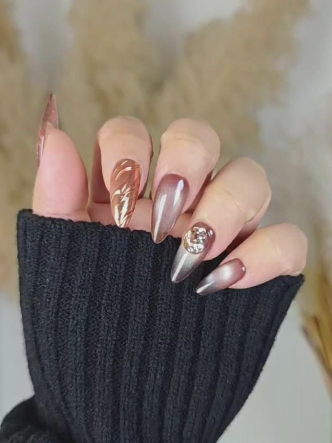 Nude Brown Almond Press-On Nails – Gold & Rhinestone Embellished