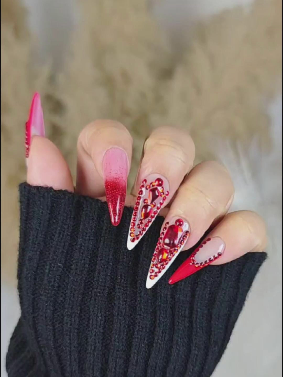 Royal Red Crystal Stiletto Press-On Nails with Glitter Gradient