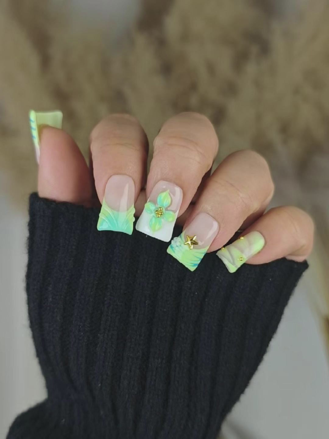 Lime Green & Ice Blue 3D Floral Nails with Gold Stars – Ubeety Sweet Cool Summer Set