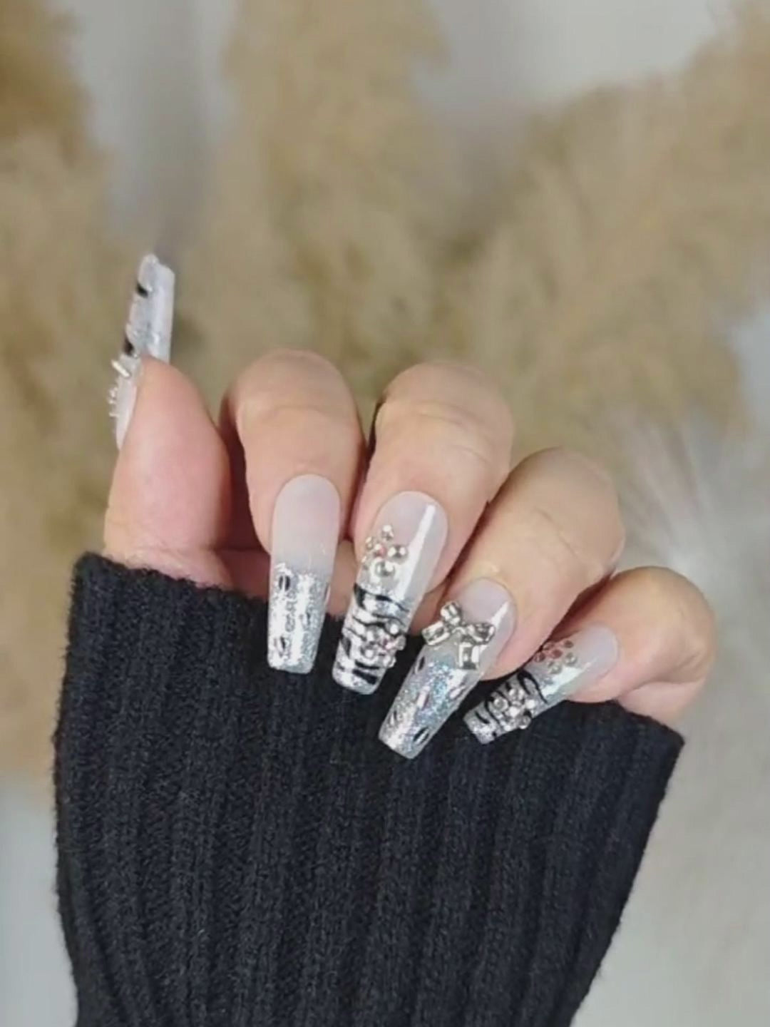 Silver White Tiger Print Press-On Nails – Metal Cross Bow Rhinestone Long Square Tips