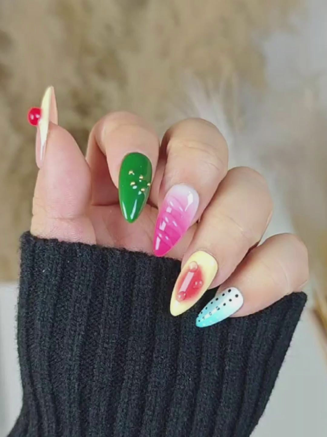 Colorful 3D Art Press-On Nails – Almond Shape with Cherry & Flower Designs
