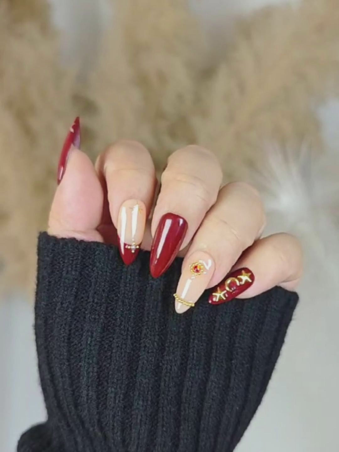 Wine Red & Nude Starry Press-On Nails – Luxurious Almond Shape