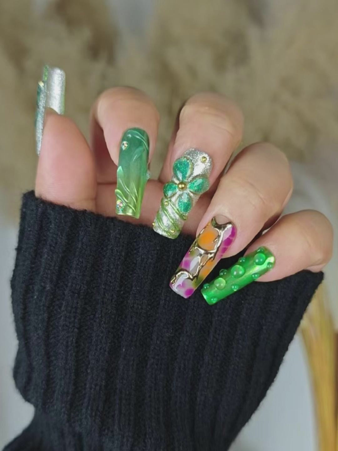 Green & Purple 3D Flower Butterfly Press-On Nails – Long Square Luxury Style