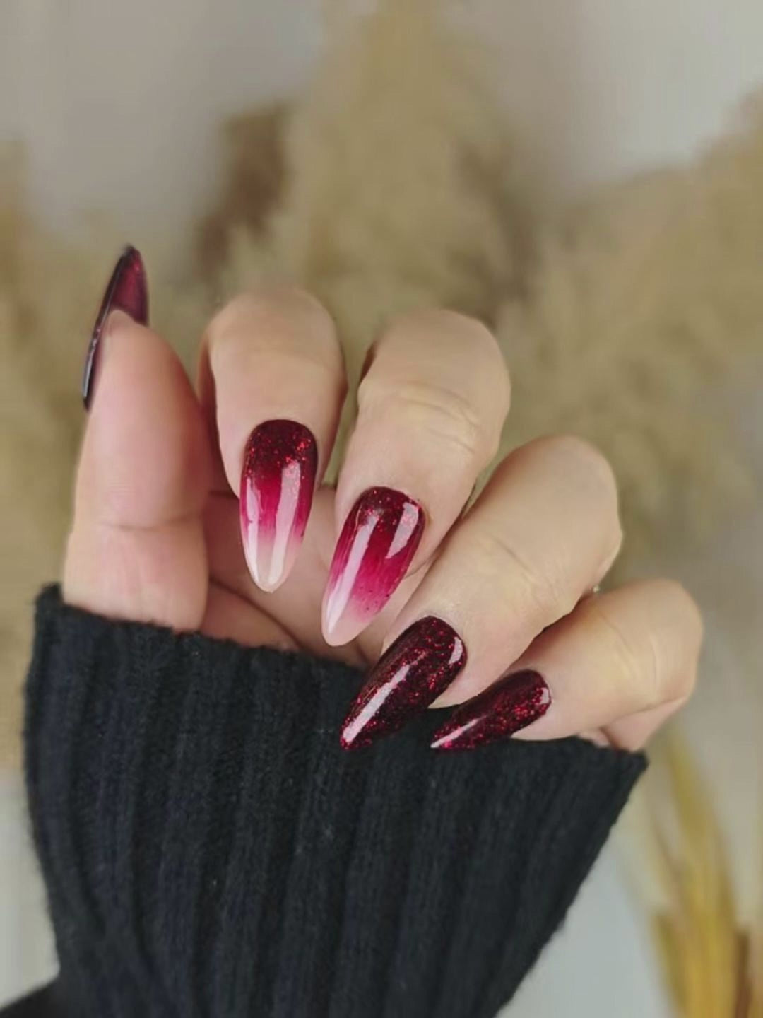 Red Black Glitter Gradient Press-On Nails – Luxury Shimmer Almond Tips
