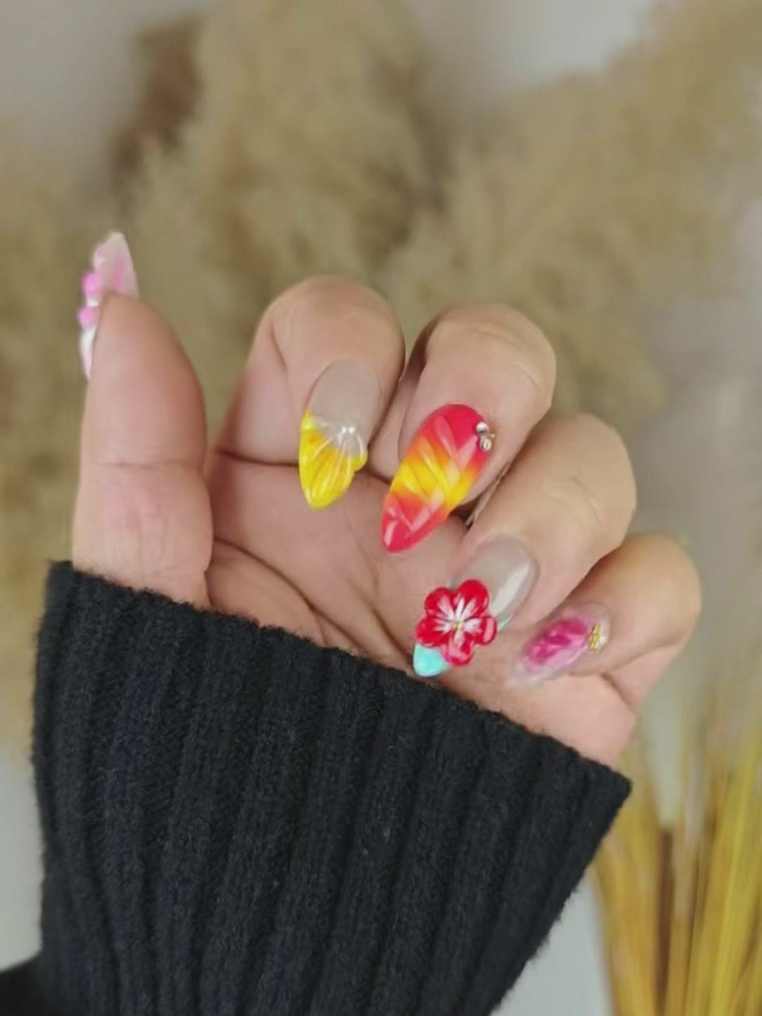 Colorful 3D Floral Press-On Nails – Embossed Texture & Gradient Design