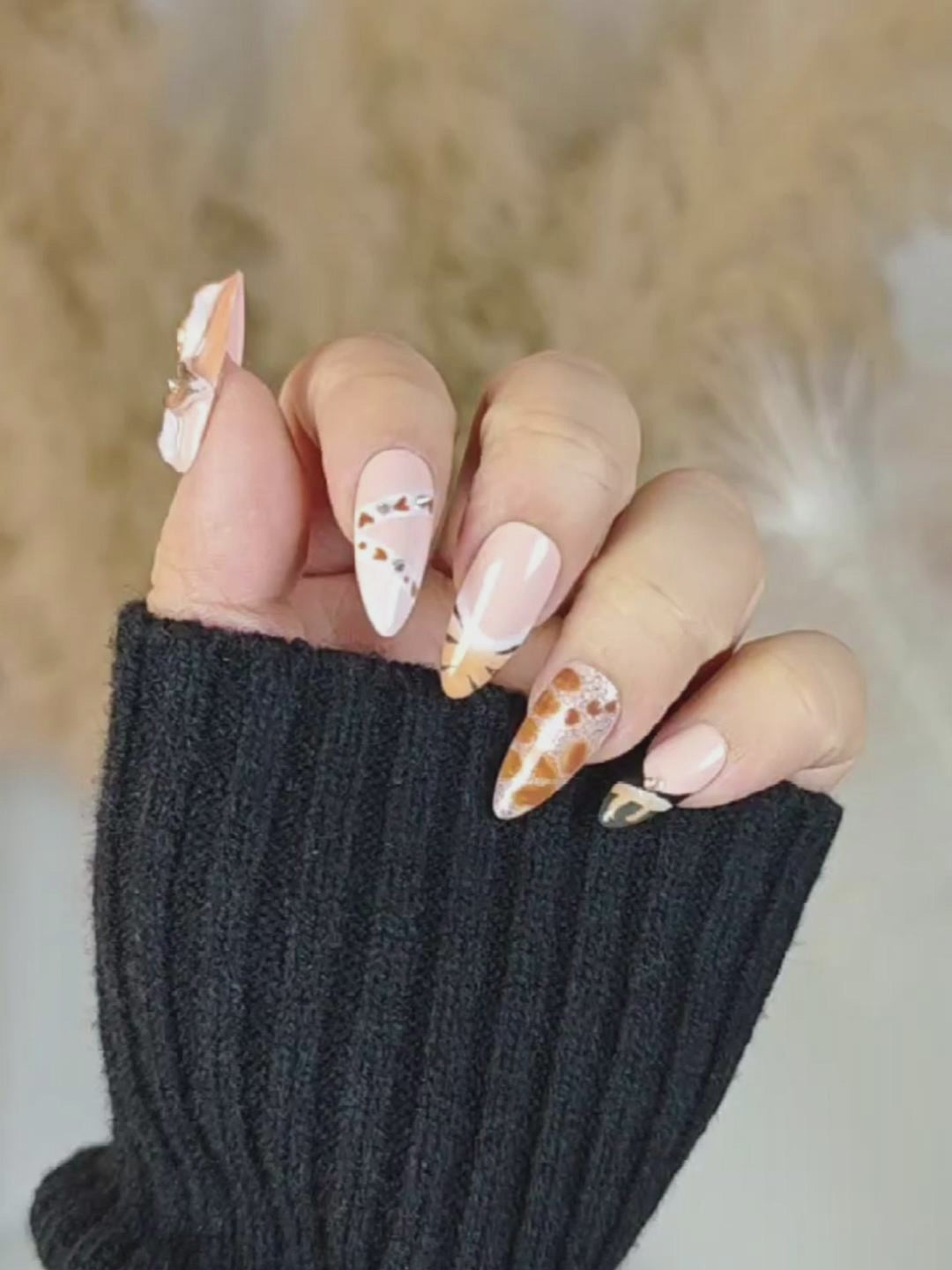 Nude Brown Leopard Print 3D Flower Press-On Nails – Mixed Design Almond Shape