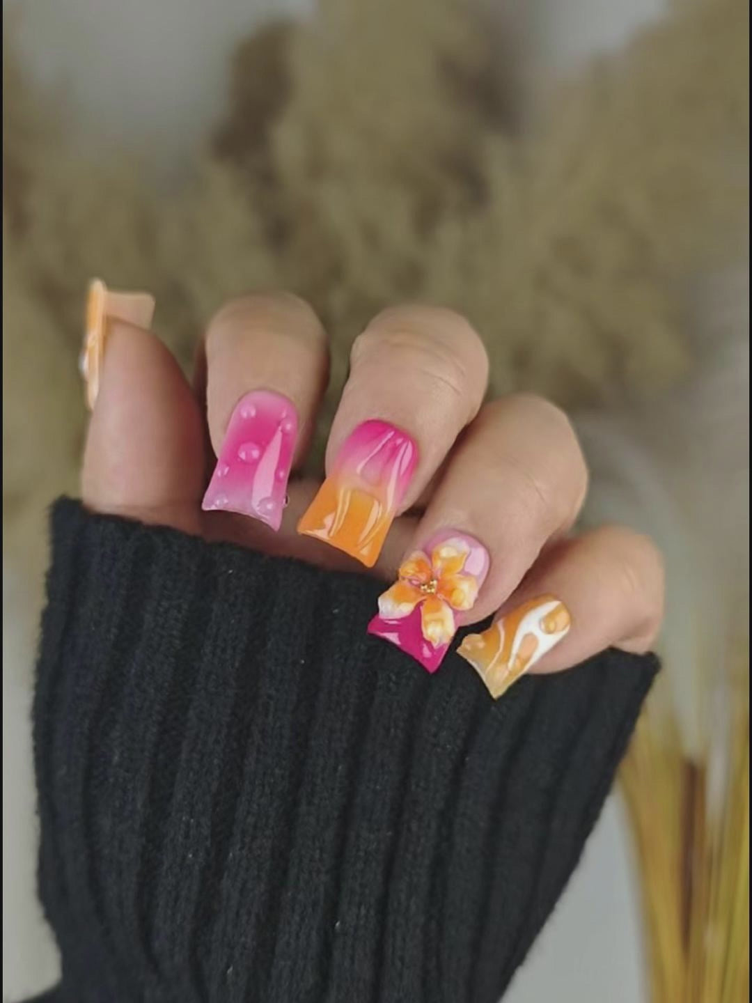 Orange Pink Flame 3D Floral Press On Nails – Ubeety Sweet Cool Series