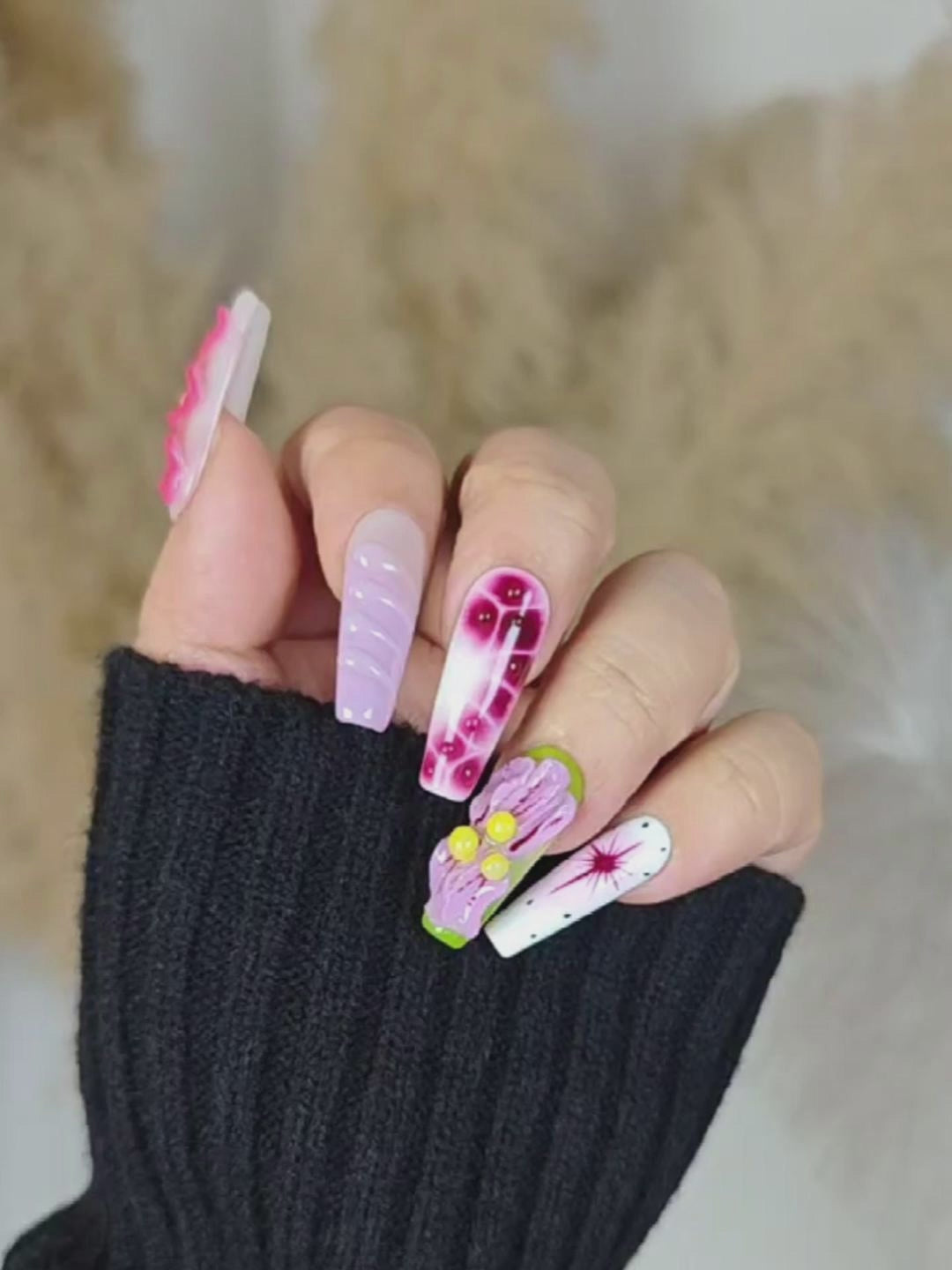 Creative Aesthetic Stiletto Nails – Dots, Stars & 3D Embossed Curves