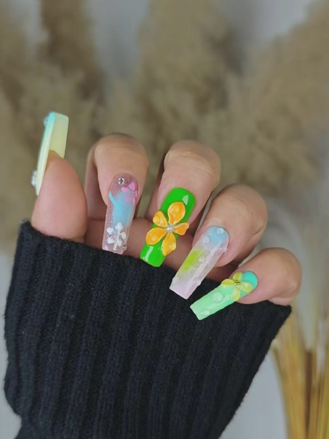 Spring Multi-Color 3D Flower Butterfly Press-On Nails – Long Square Luxury Style