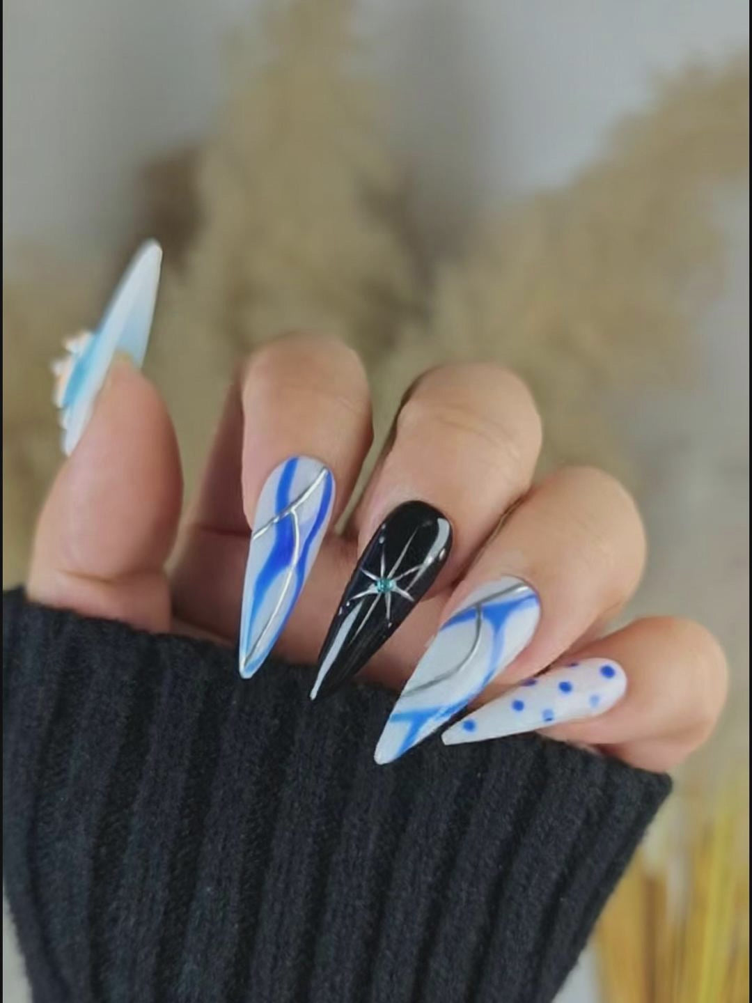 Blue & White Contrast Stiletto Press-On Nails with 3D Floral Accents