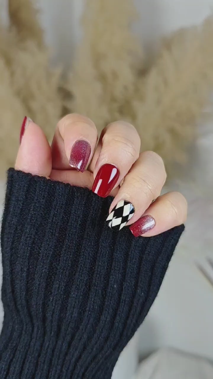 Red Ombre Checkered Nails   Short Coffin Fake Nails with Sparkle