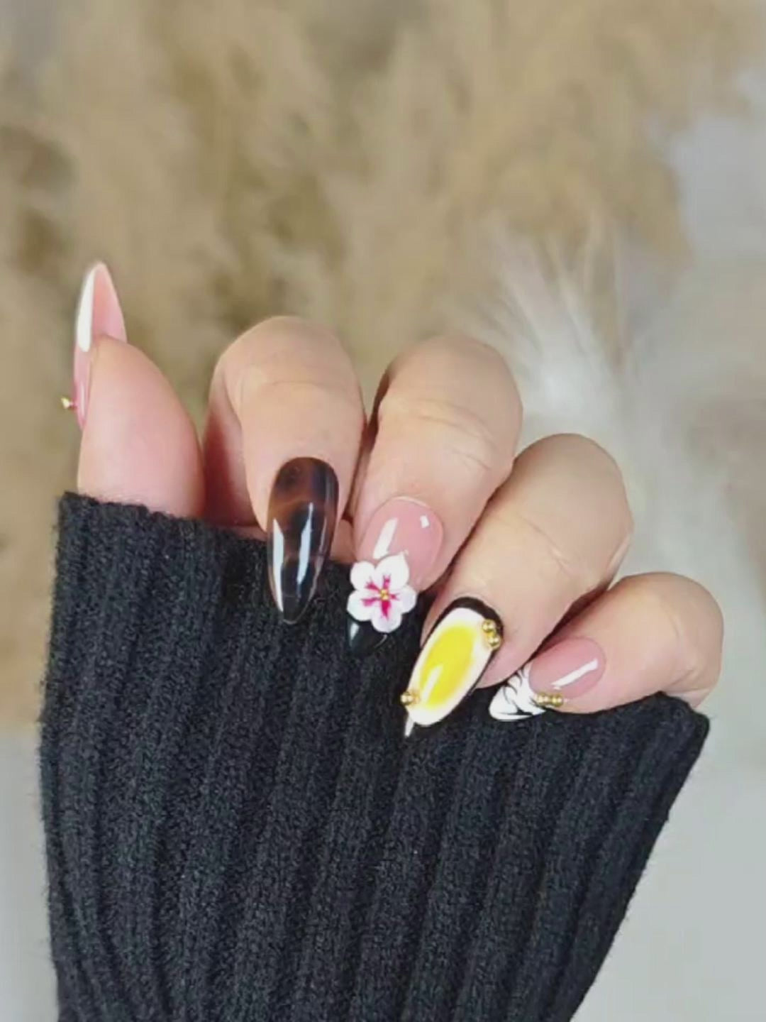 Brown Gradient 3D Floral Vintage Press-On Nails – Almond Shape with Gold Accents