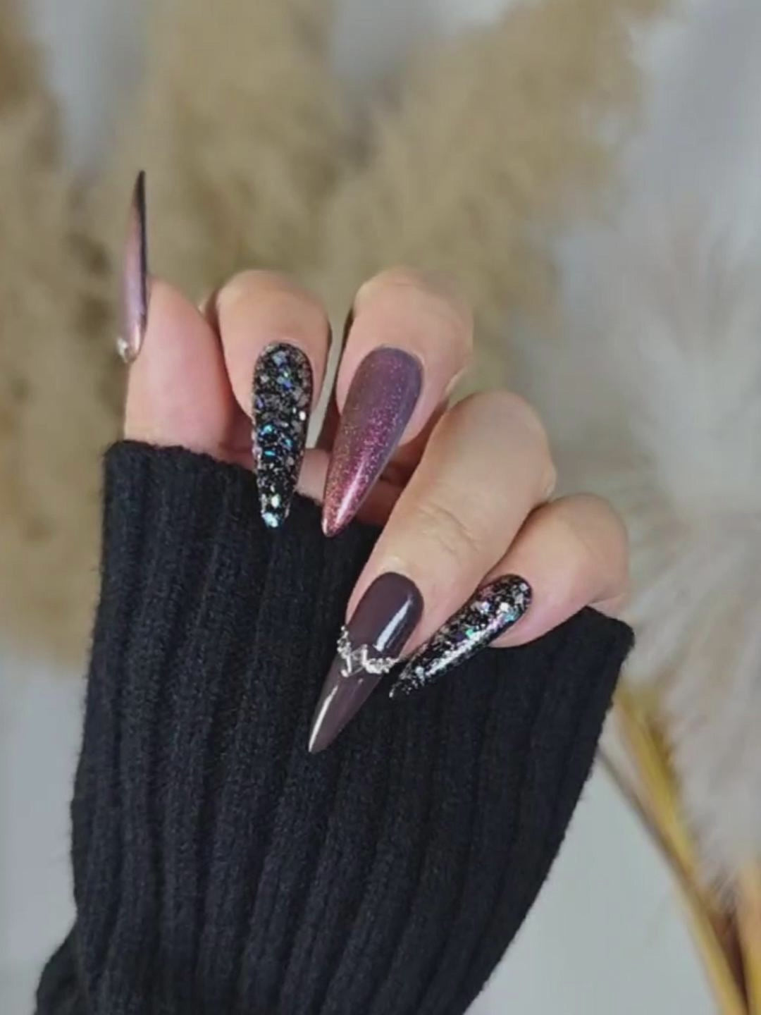 Cyber Gothic Metallic Stiletto Press-On Nails with Multi-Color Glitter