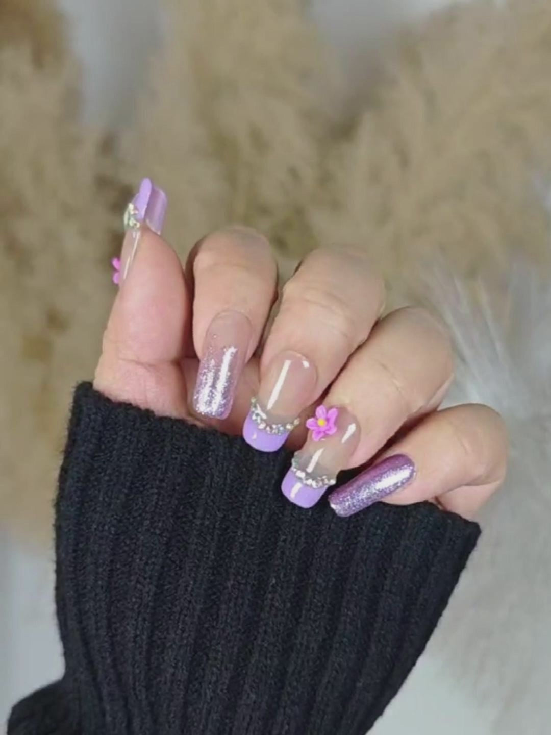 Pink & Purple Gradient Flower Rhinestone Press-On Nails – Long Square