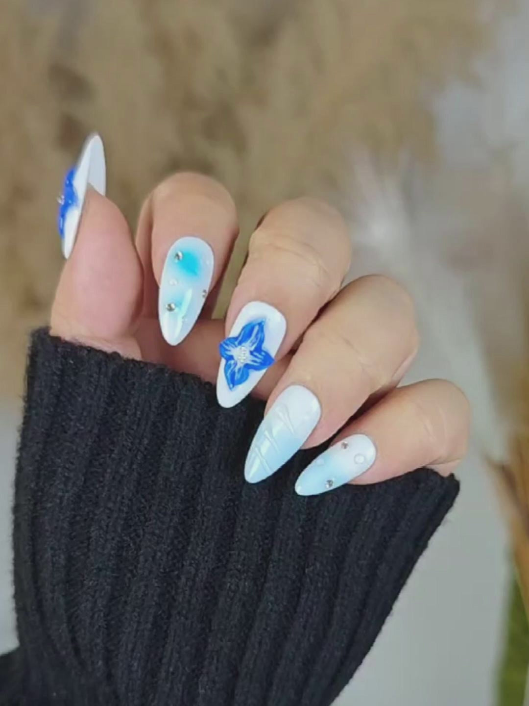 Blue & White Gradient Press-On Nails – 3D Floral Rhinestone Almond Nails