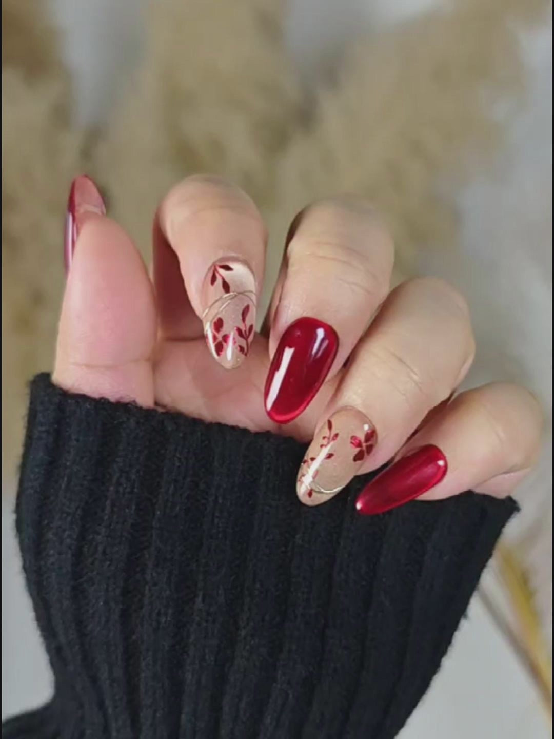 Burgundy Nude Floral Press-On Nails – Hand-Painted Luxury Medium Round