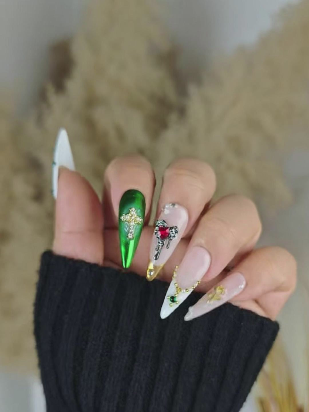 Gothic Luxe Stiletto Press-On Nails in White, Metallic Green & Nude