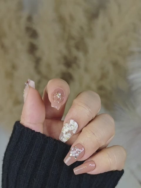 Beige Floral Fake Nails Tapered Press Ons with Pearl Accents