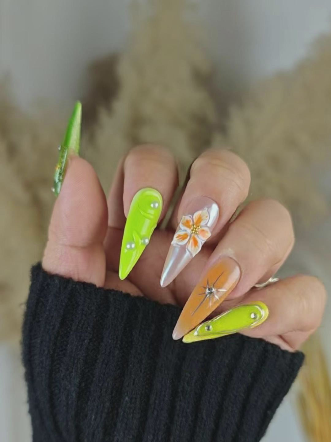 Boho Sweet Stiletto Press-On Nails – Olive Green, Lemon Yellow & Warm Orange