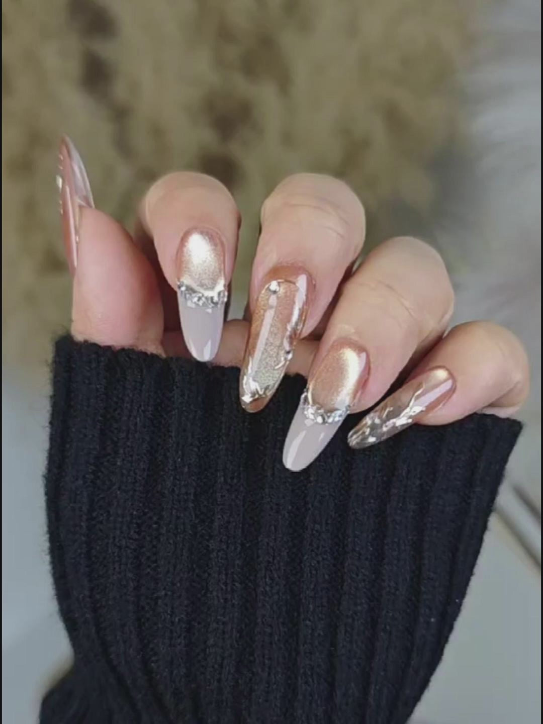 Nude Brown Gradient Press-On Nails with Metal Leaf & Rhinestones – Long Oval