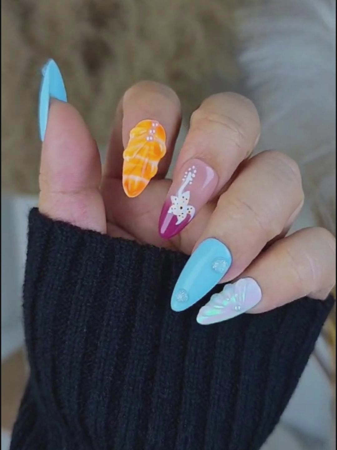 Ocean Style Shell Starfish Pearl Press-On Nails – Iridescent Gradient Almond Shape