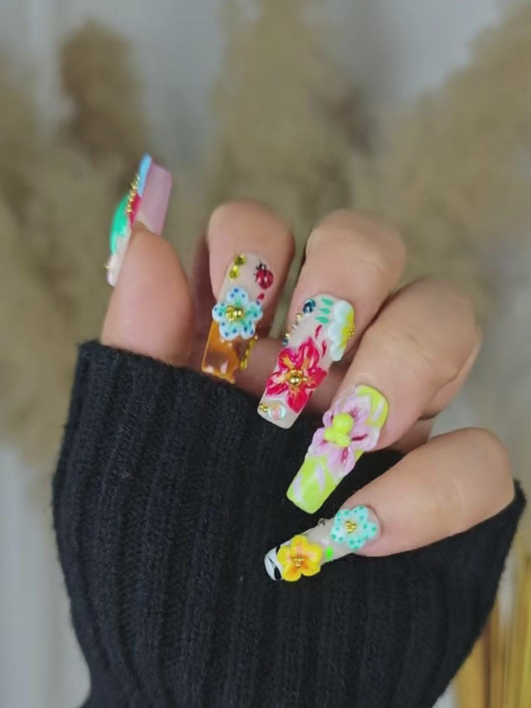 Multicolor 3D Art Press-On Nails – Long Square, Flowers & Butterflies Design