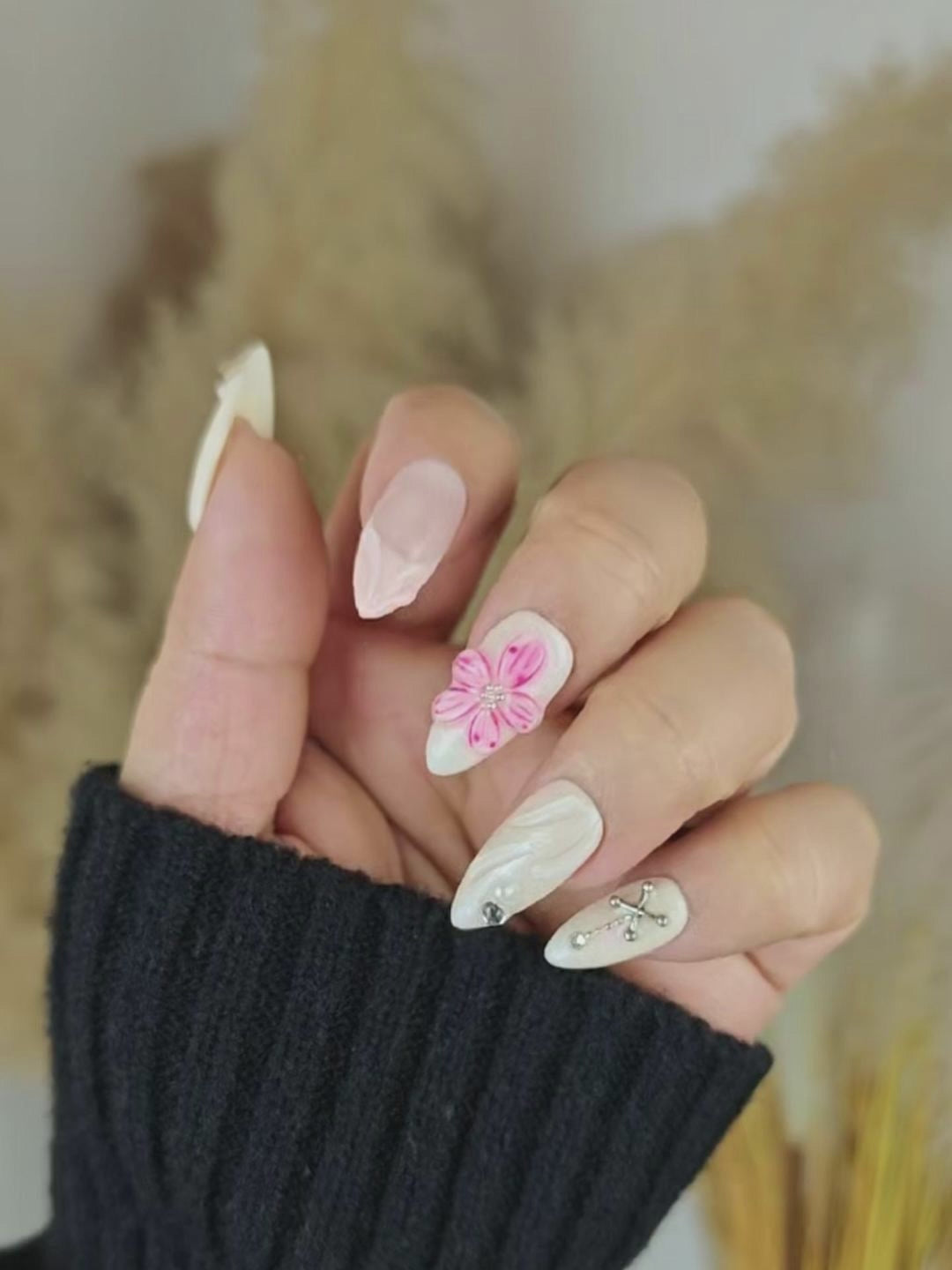 Nude Pink 3D Flower Almond Press-On Nails – Silver Accent