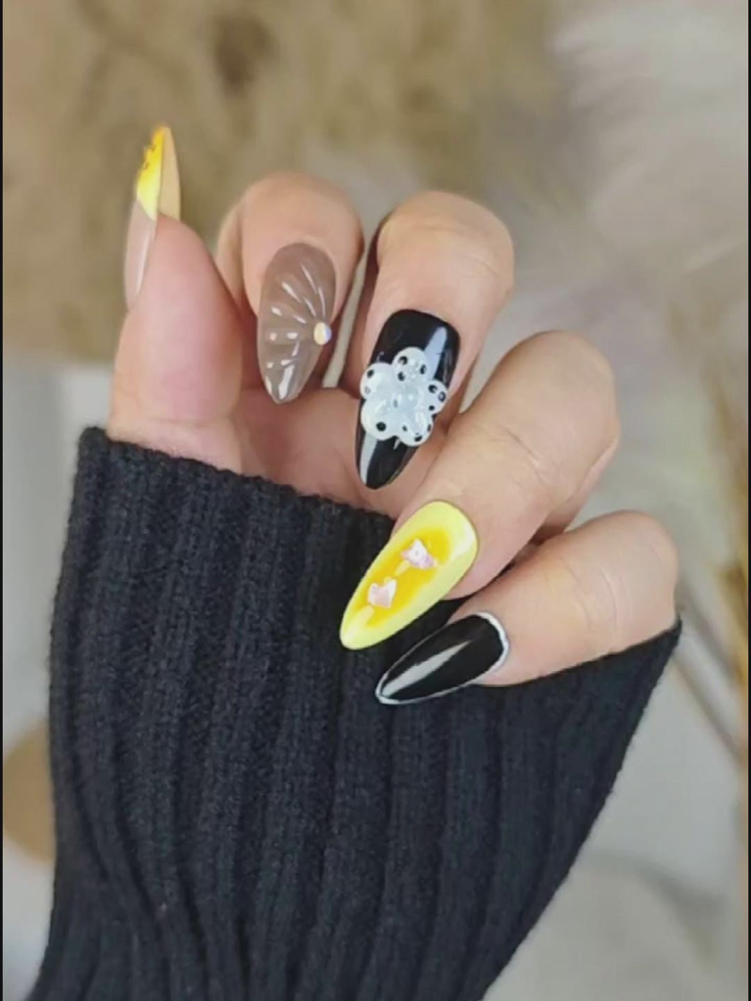 Black Yellow Gray Press-On Nails – 3D Flower & Shell Luxury Almond Shape