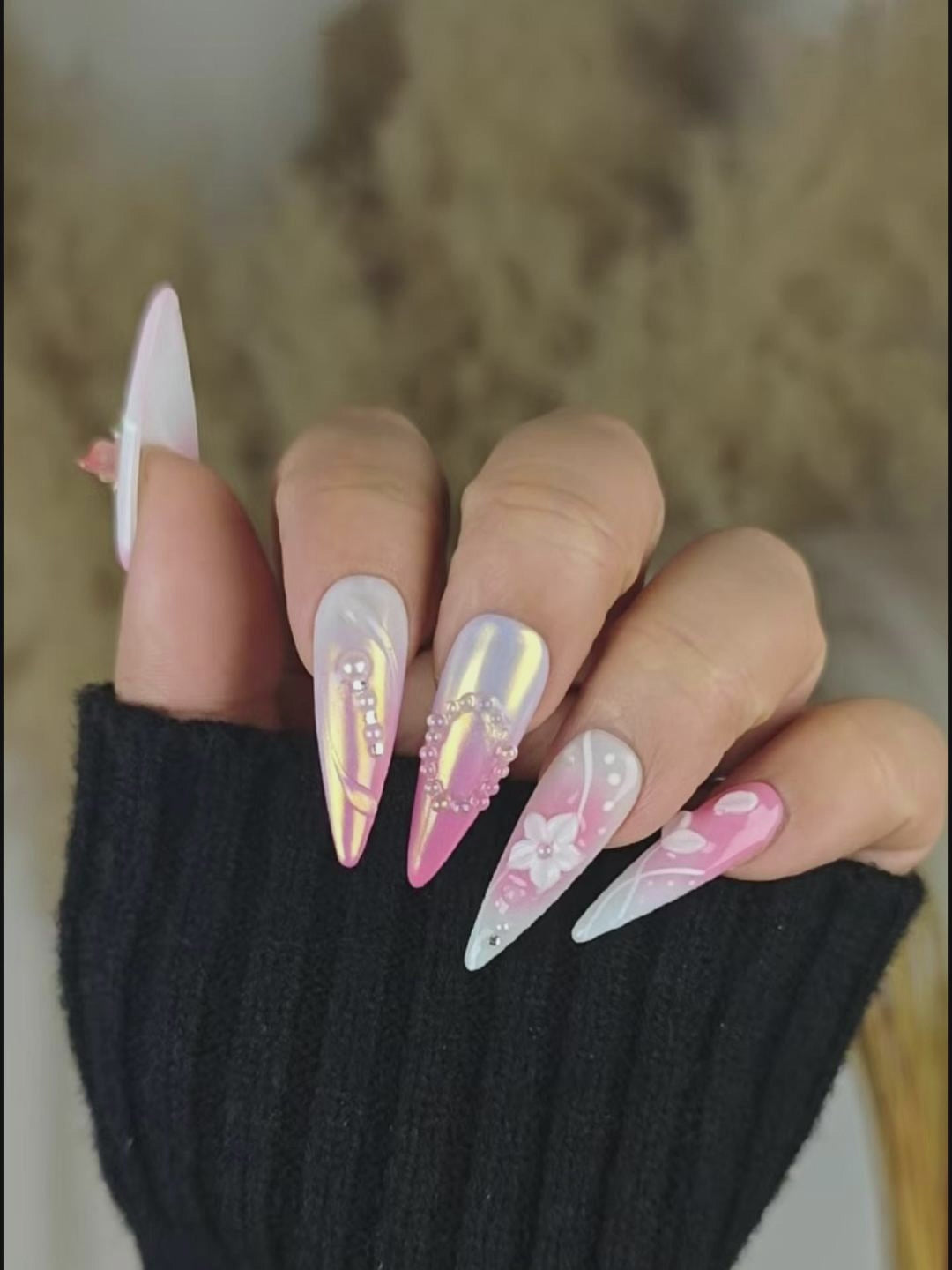 Dreamy Sweet Floral & Butterfly Stiletto Press-On Nails – Pink & White Gradient