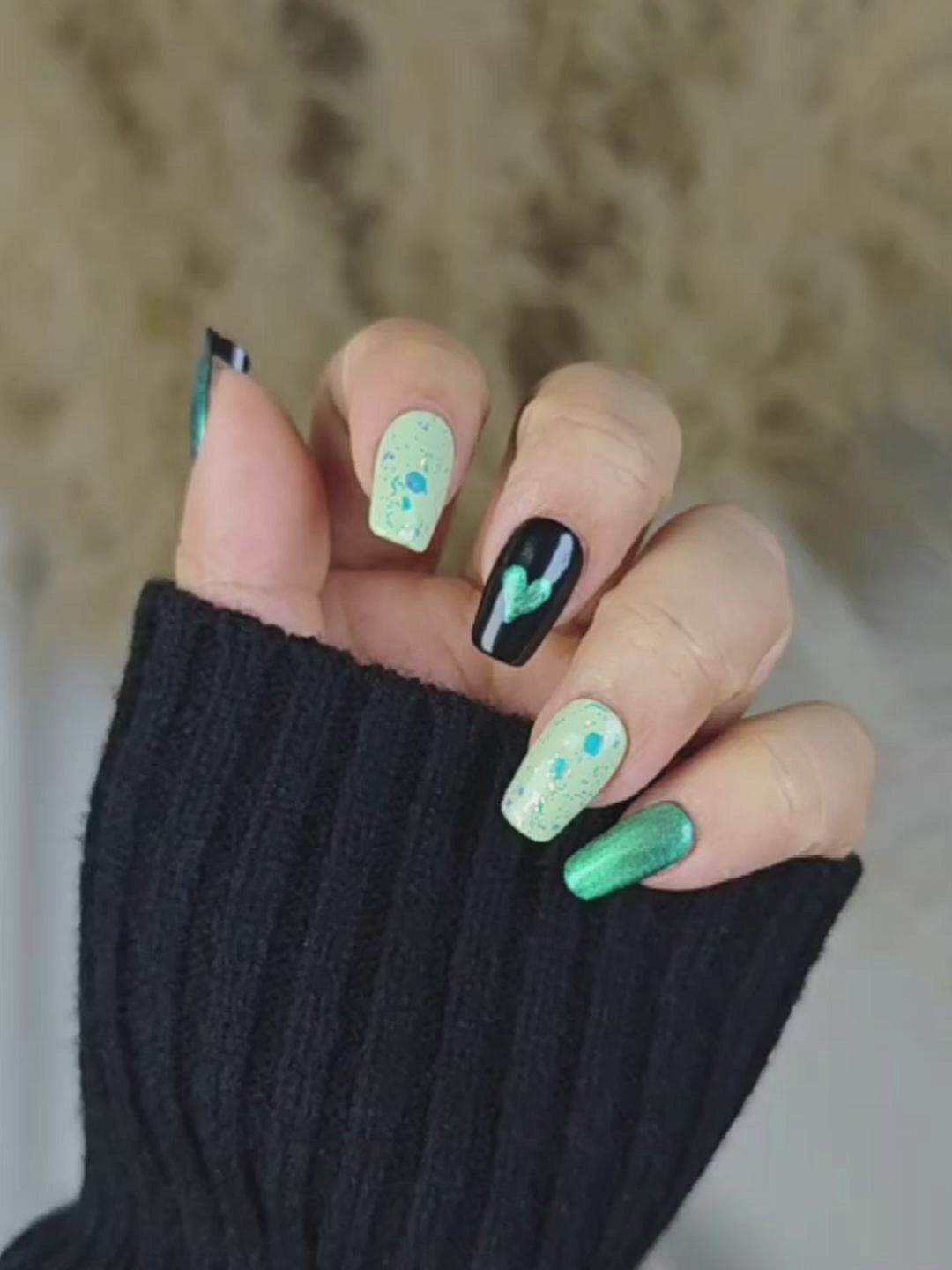 Matcha Green Heart Glitter Press On Nails – Sweet & Cool Style