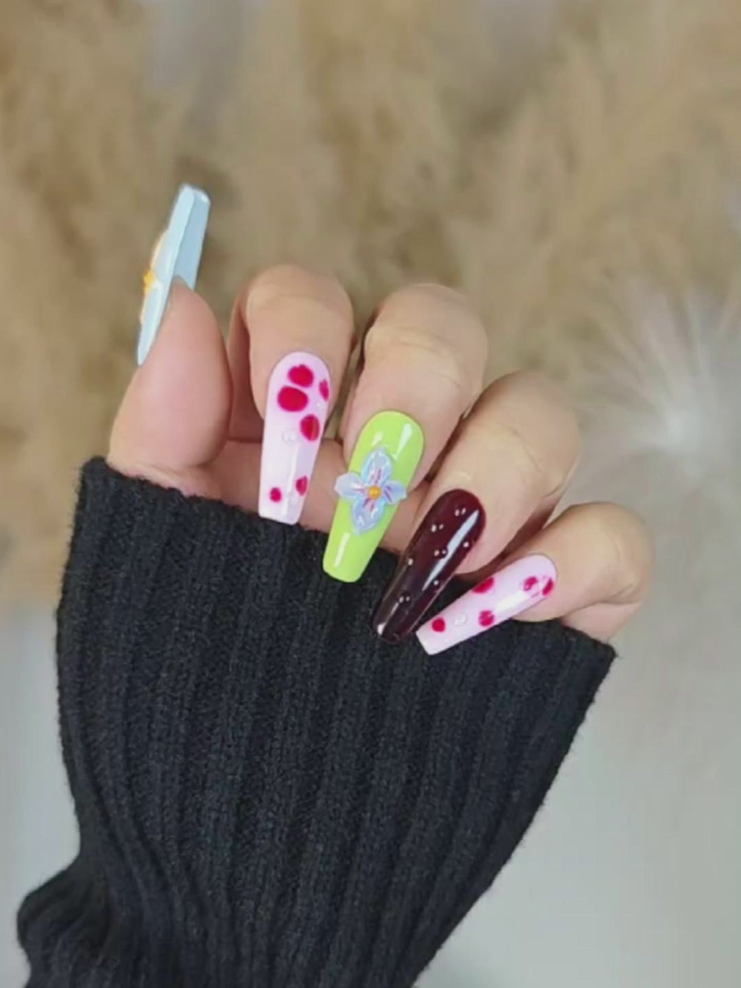 Color-Block Floral Press-On Nails – Extra Long Stiletto Art Gradient & Polka Dots