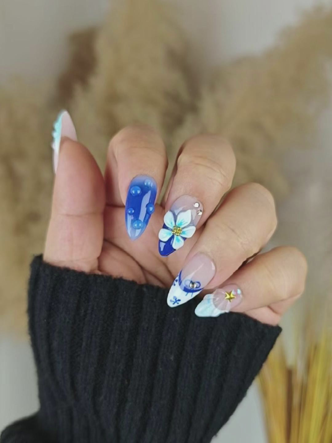 Blue & White Ocean Style Press-On Nails – 3D Floral Almond Shape