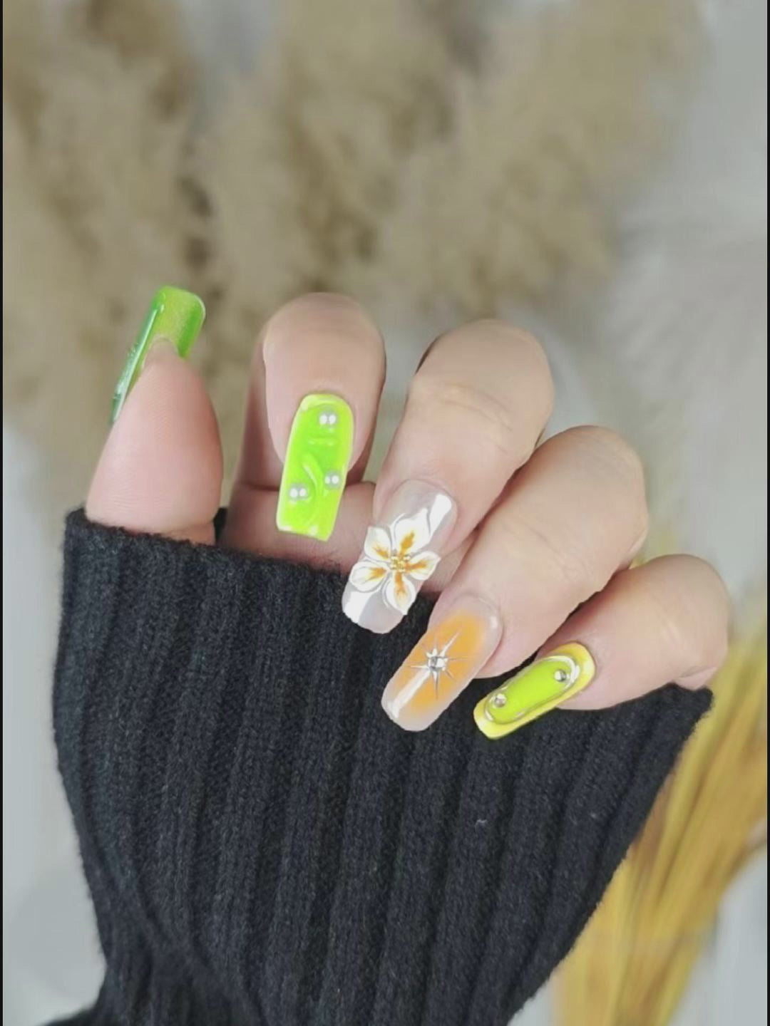 Spring Color Gradient Flower Rhinestone Press-On Nails – Long Square