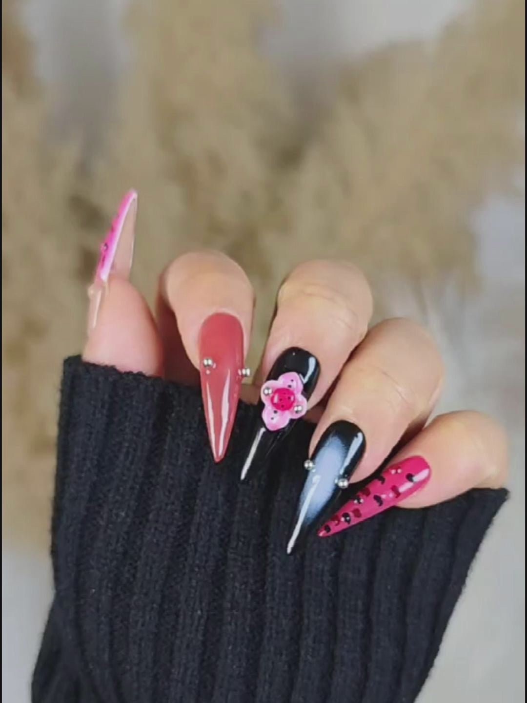 Pink Black Leopard Stiletto Nails with 3D Flowers & Gradient Design
