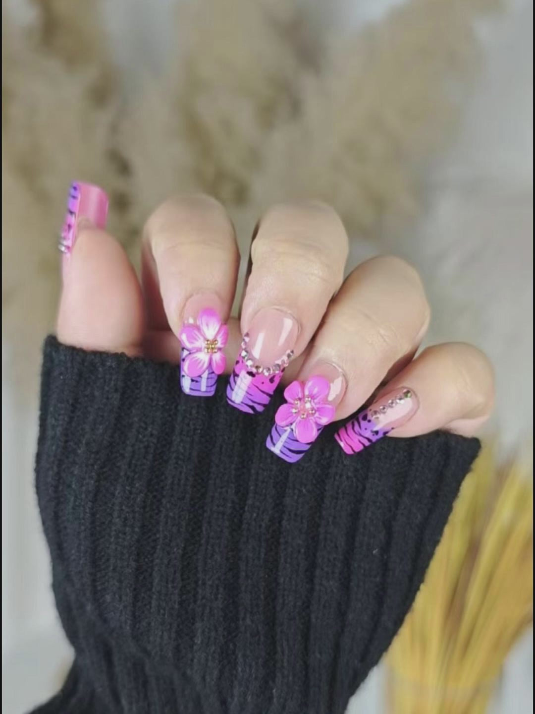 Pink & Purple Tiger Print Press-On Nails – 3D Floral Sweet Cool Long Square