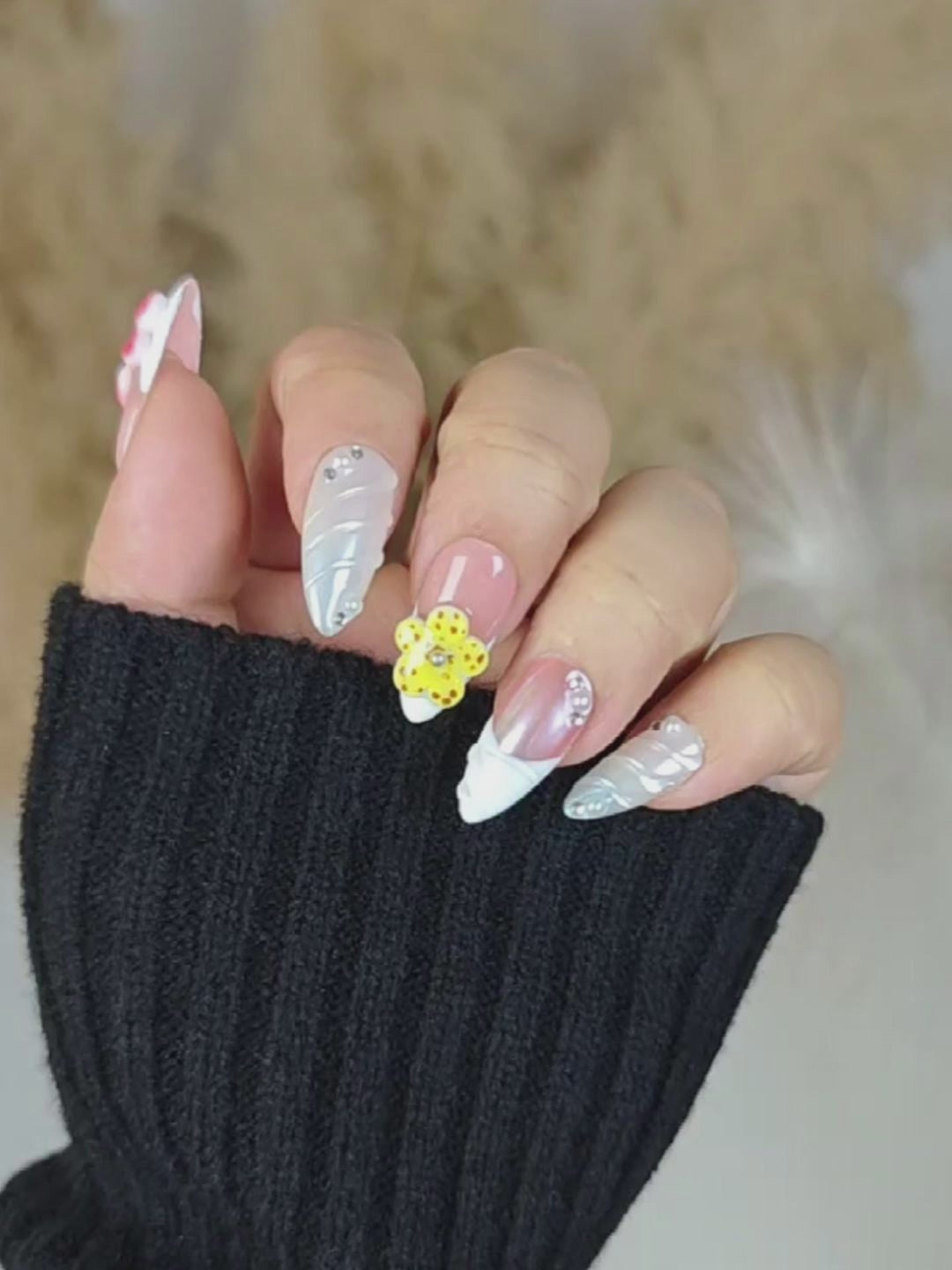 Nude 3D Flower Pearl Press-On Nails – Luxe & Dreamy Almond Shape