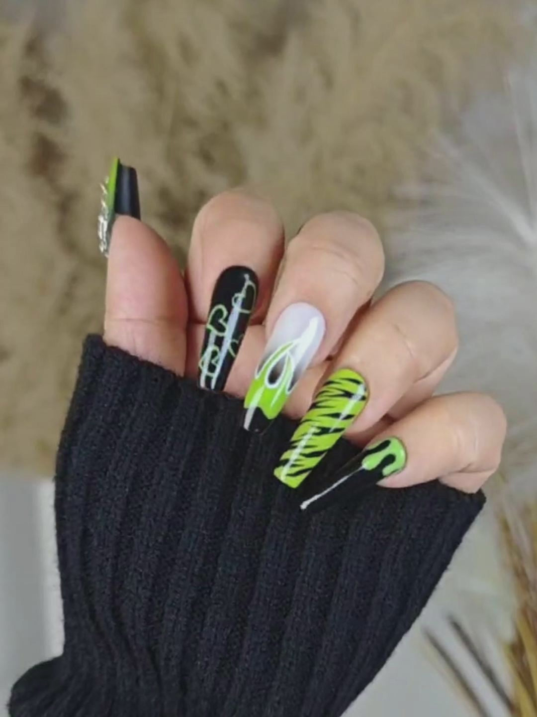 Black & Green Contrast Press-On Nails with Metal Cross & Chains – Extra Long Stiletto Dark Style